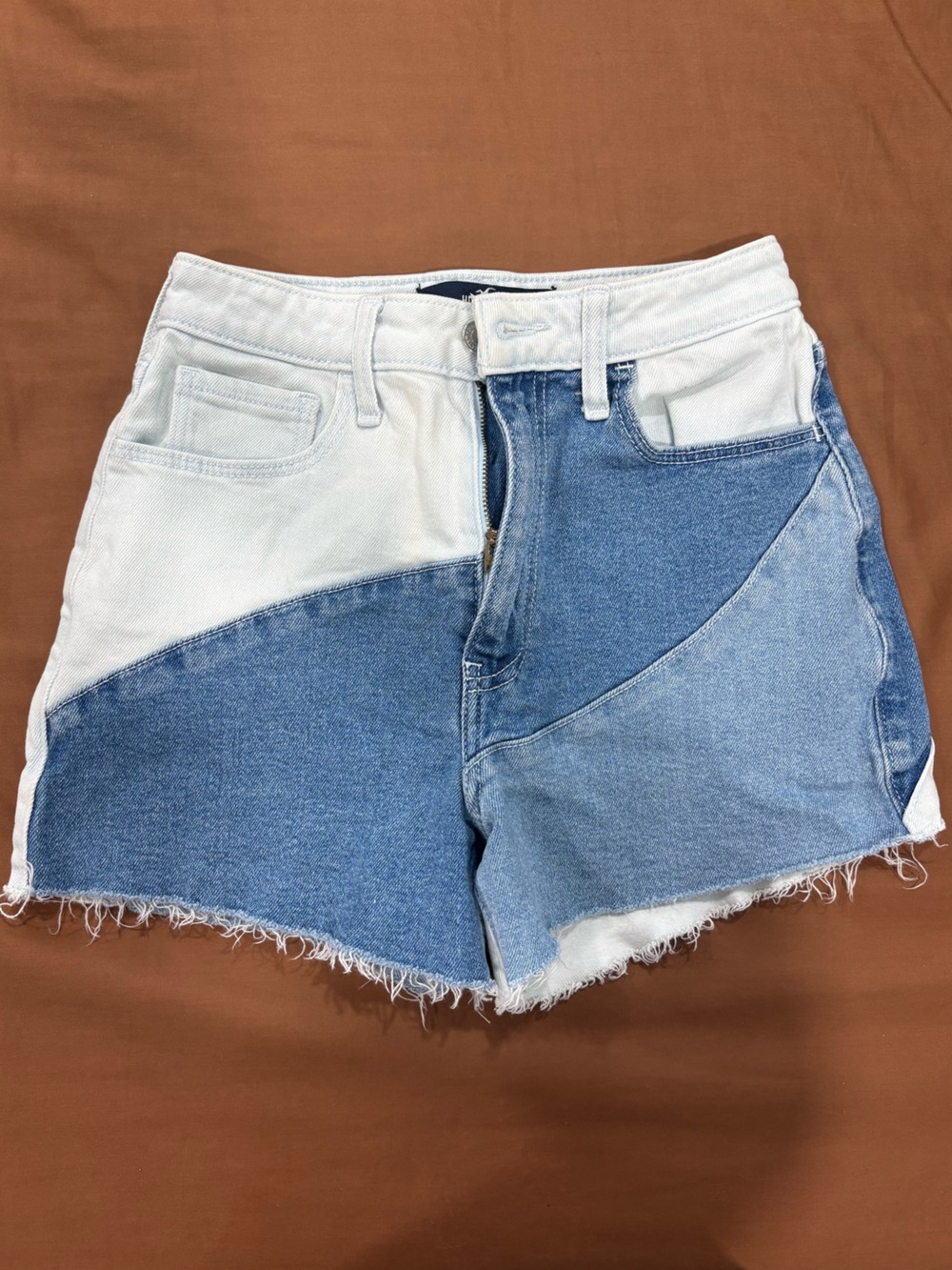 Hollister Two-Tone White and Blue Patchwork Denim Shorts